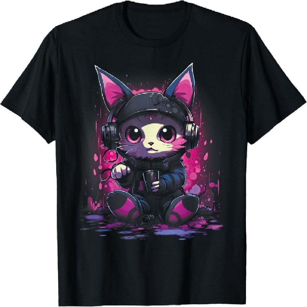 Anime Gamer Cute Gaming Kitten T-Shirt - Black, Unisex-Adults, Small