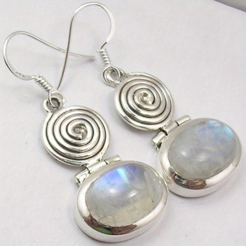 Винтажные Посеребренные Геометрические Спиральные Серьги-Подвески с Лунным Камнем для Женщин Элегантные Повседневные Универсальные Украшения Аксессуары Подарки