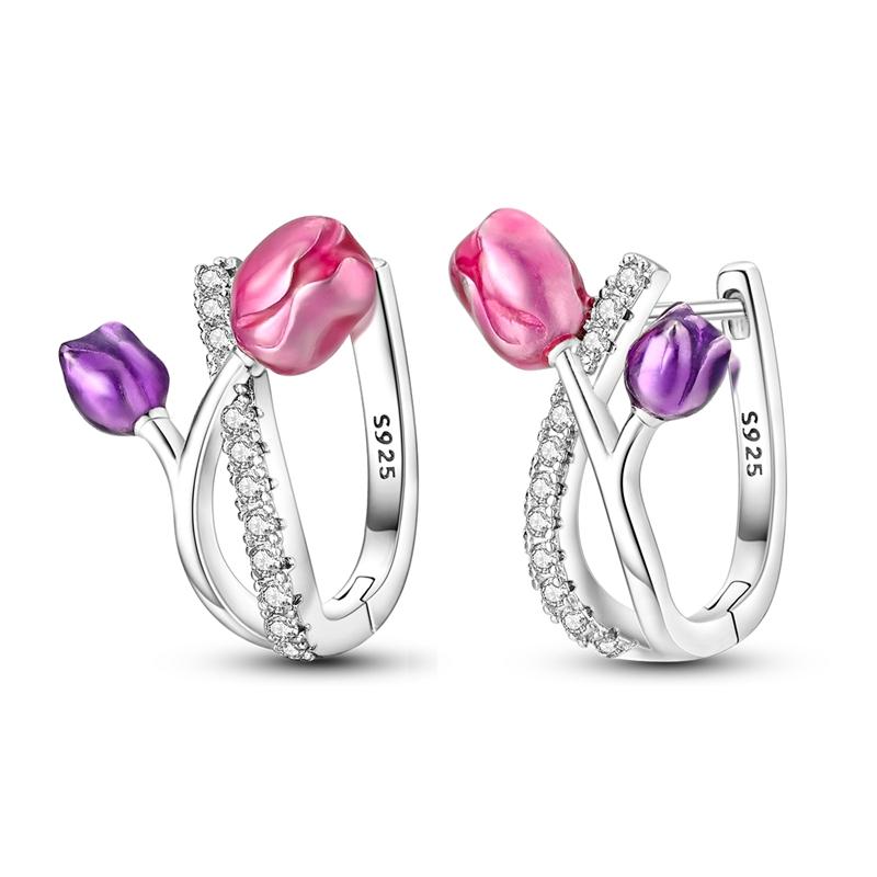 925 Silver Earrings Shining Zircon Cherry Rainbow Flower Mushroom Iris Flower Hoop Earring for Women Party Jewelry Gift