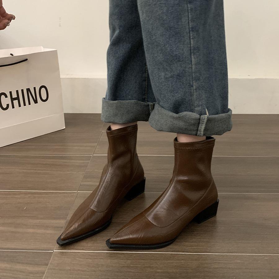 Французская мода толстый каблук короткие ботинки женская обувь 2025 новые весенне-осенние одинарные ботинки острый нос серебристые темпераментные тонкие ботинки