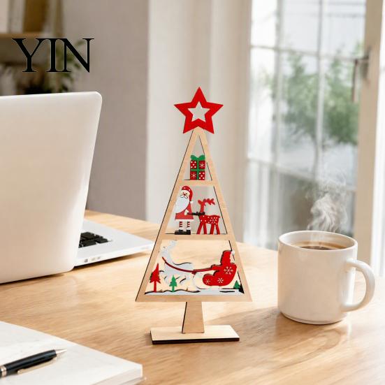 Desktop Christmas Ornament Wooden Tabletop Tree Decor, Hollow Xmas Ornament, Farmhouse Winter Holiday Accents Centerpiece for Party Home Decoration,