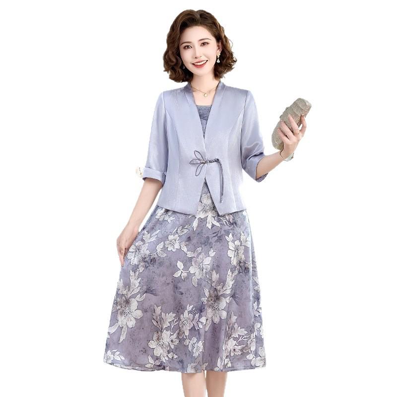 Элегантный летний комплект-двойка для зрелых женщин - пальто и платье в традиционном китайском стиле
