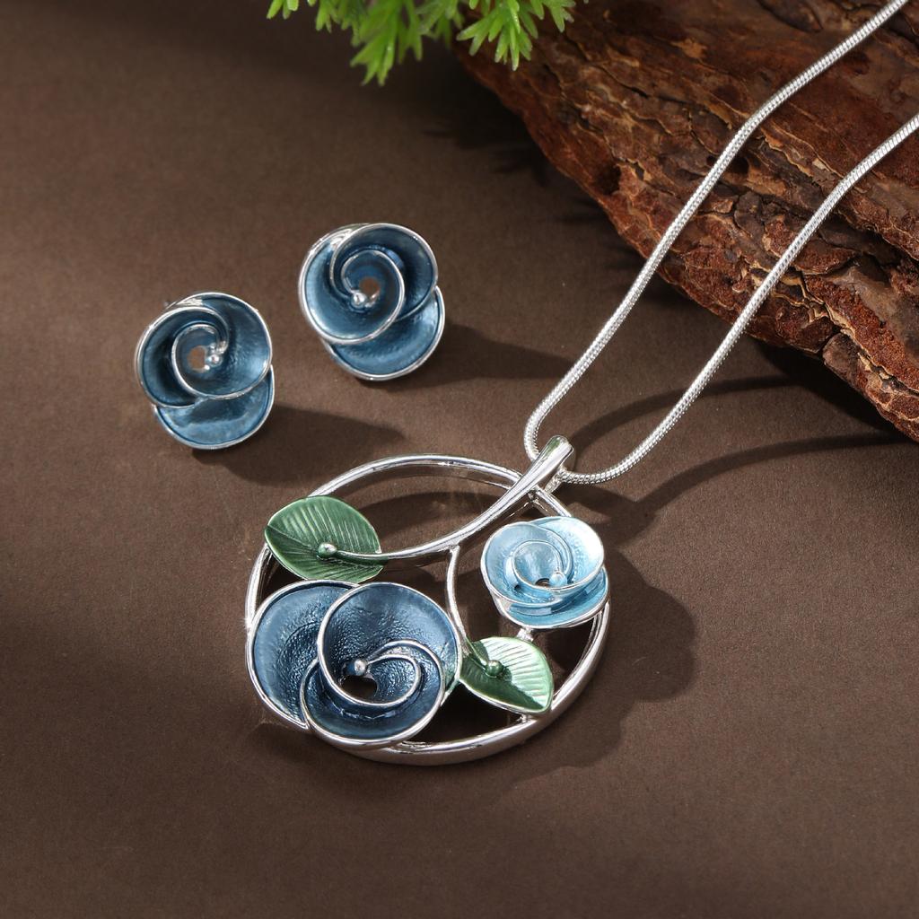 Новый эмалевый цвет полые геометрические серьги-пусеты с розой подвеска набор женская мода ожерелье с розой