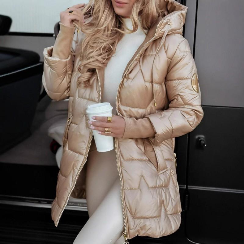 Womens Fashion Hooded Long Sleeve Solid Color Mid-Length Cotton Coat With Pockets