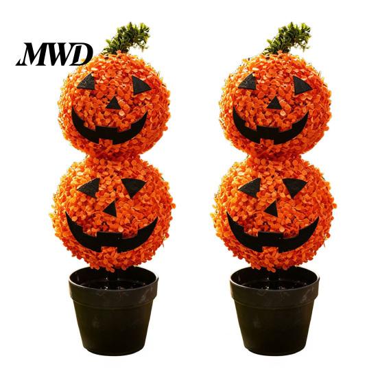 Indoor Halloween Party Props Artificial Pumpkin Topiary Tree, Face Faux Boxwood Plants with Stake, Weatherproof Garden Lawn Ornaments Fall Autumn