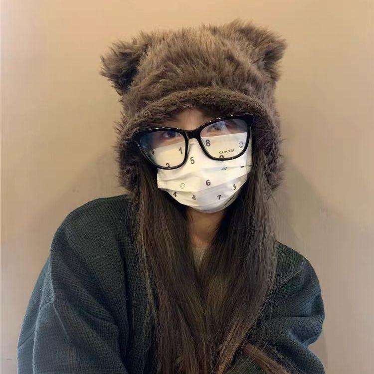 Cute bear hat female autumn and winter mink hair knitted hat new warm ear protector wool hat plush Lei Feng hat