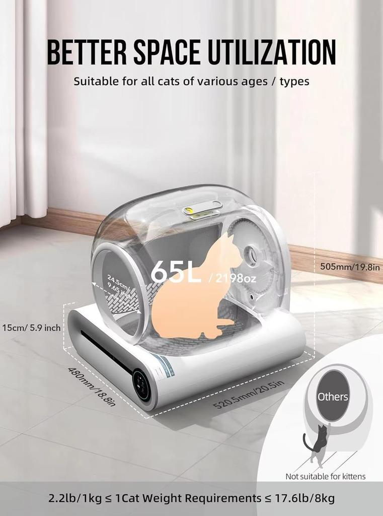 Tonepee 65L Automatic Intelligent Cat Litter Box, Self-cleaning Fully Enclosed Cat Litter Box, Household Pet Cat Litter Tray