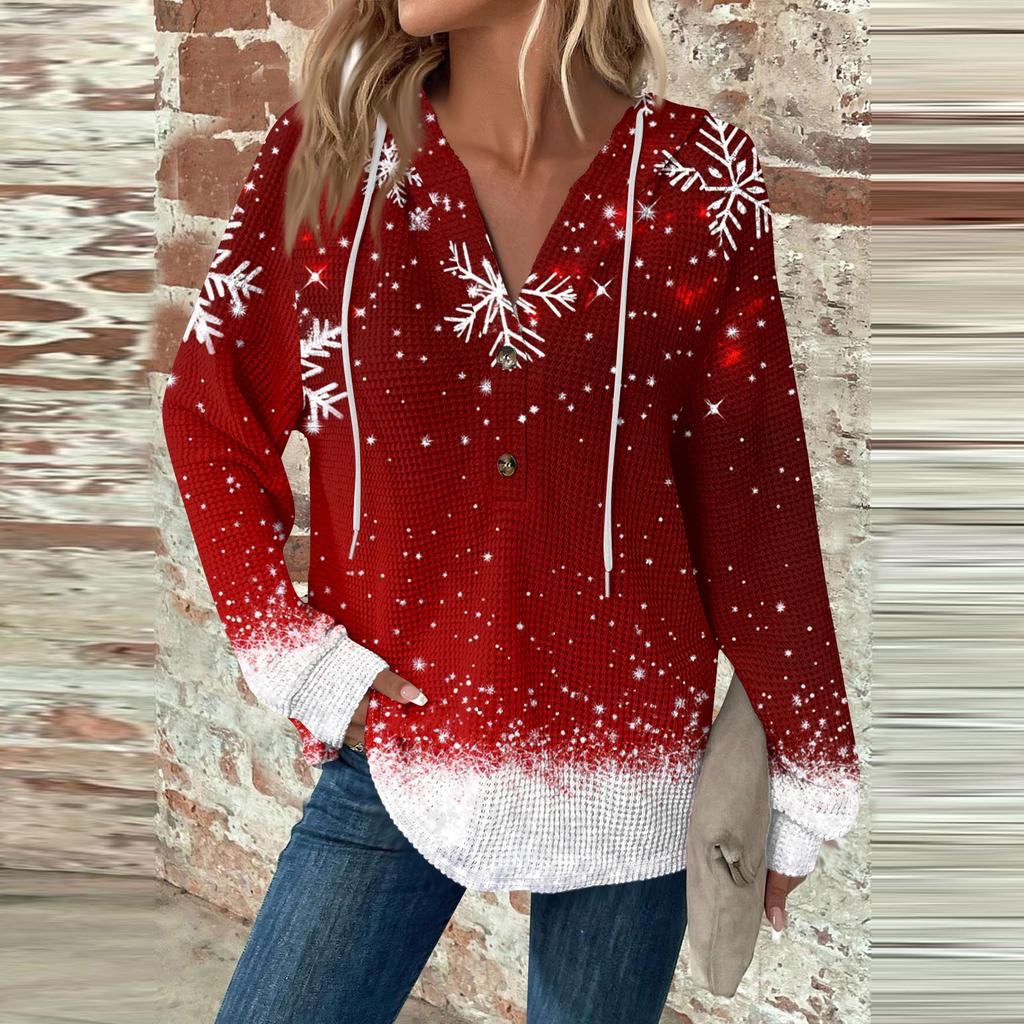 Женская мода с длинным рукавом, завязками на шнурке, капюшоном, пуговицами, V-образным вырезом, повседневная толстовка с капюшоном и рождественским принтом