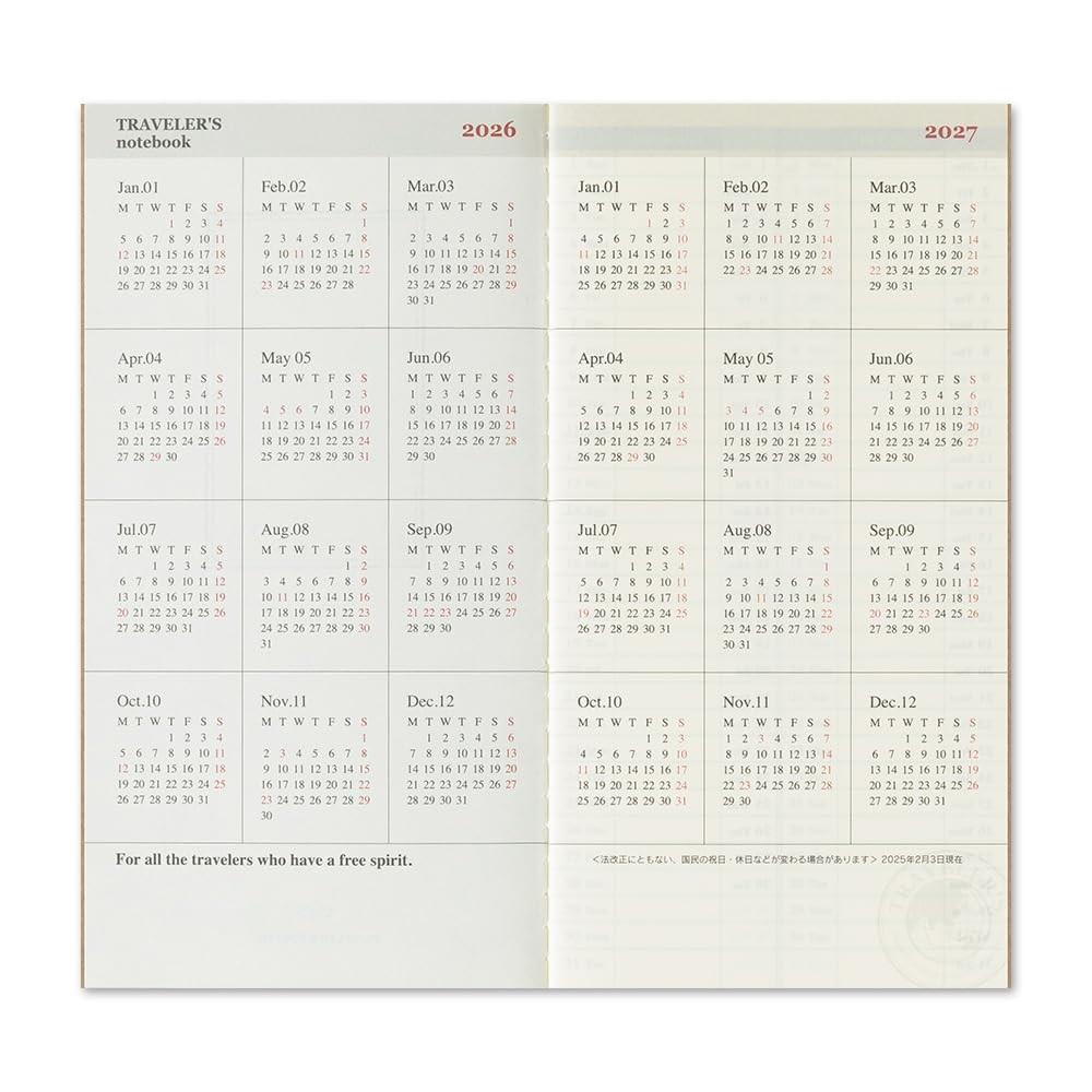 Сменный блок для Travelers Notebook Планер 2026 A5 Slim Вертикальный с началом в январе