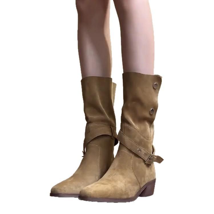 Версия из мягкой кожи~ Красивые матовые кожаные рыцарские ботинки с квадратным носком, пряжкой на ремне, отворотом, два способа носки, пряжка, толстый каблук, пустынные вестерн ботинки