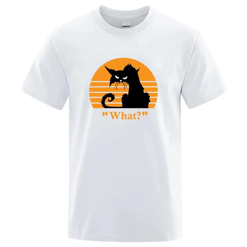 Retro Angry Black Cat What Graphic Tshirt Vintage Sunset Animal Print Unisex Short Sleeve Casual Humor Cat Lover Tee