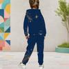 Girls Navy Blue Printed Hooded Long Sleeve Kangaroo Pocket Top Cuffed Pants Two Piece Outfit