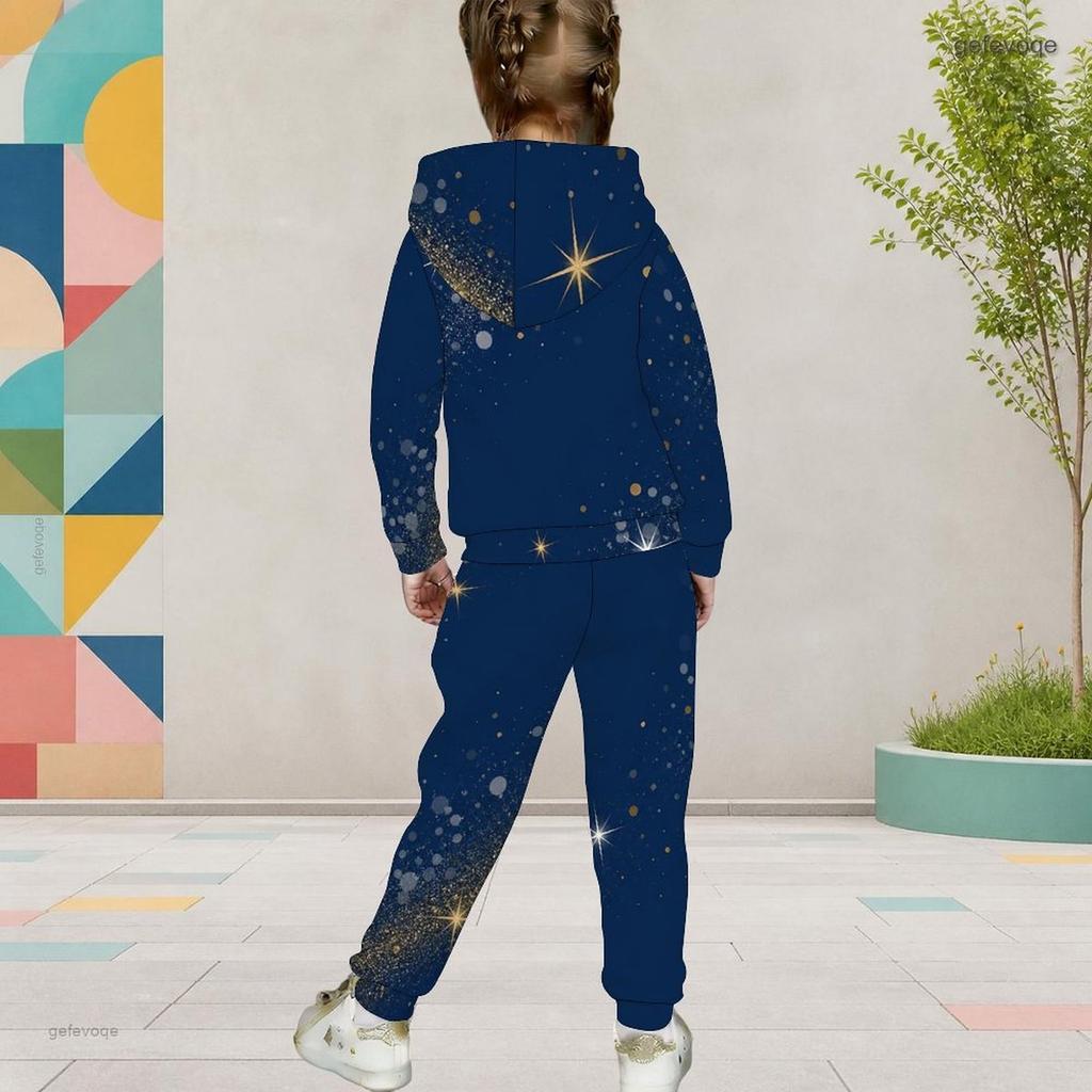 Girls Navy Blue Printed Hooded Long Sleeve Kangaroo Pocket Top Cuffed Pants Two Piece Outfit