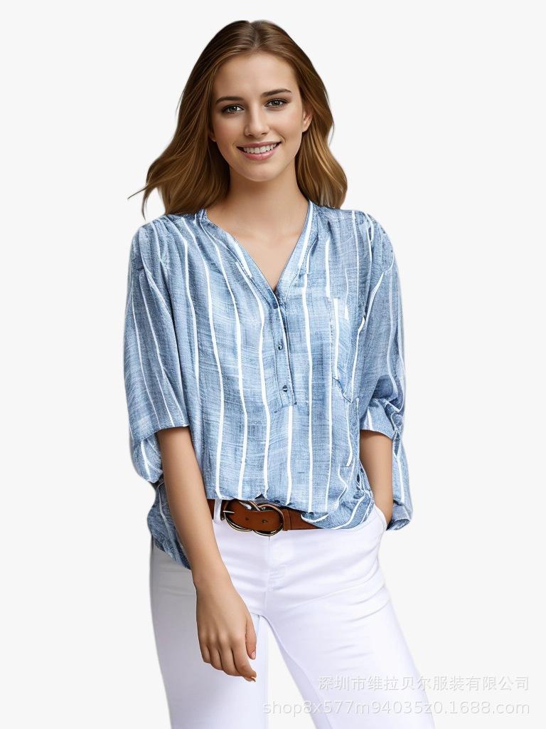 Простая и модная рубашка в полоску с принтом для женщин во внешней торговле, рубашка свободного кроя