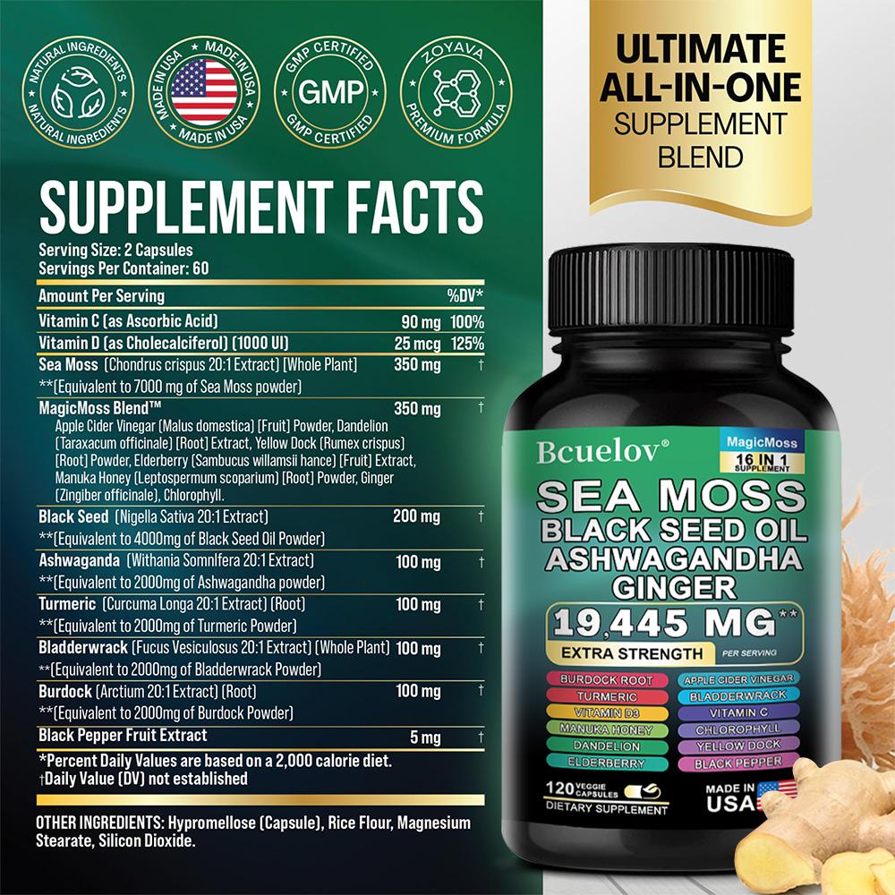Sea Moss Dietary Supplement, With Vitamin, Turmeric, 120 Capsules Per Bottle