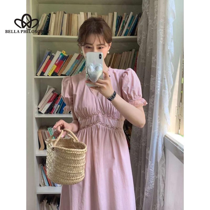 Summer New French Style Romantic Gentle V-neck Lace Stitching Puff Sleeve Tight Waist Slimming Solid Color Short Sleeve Dress