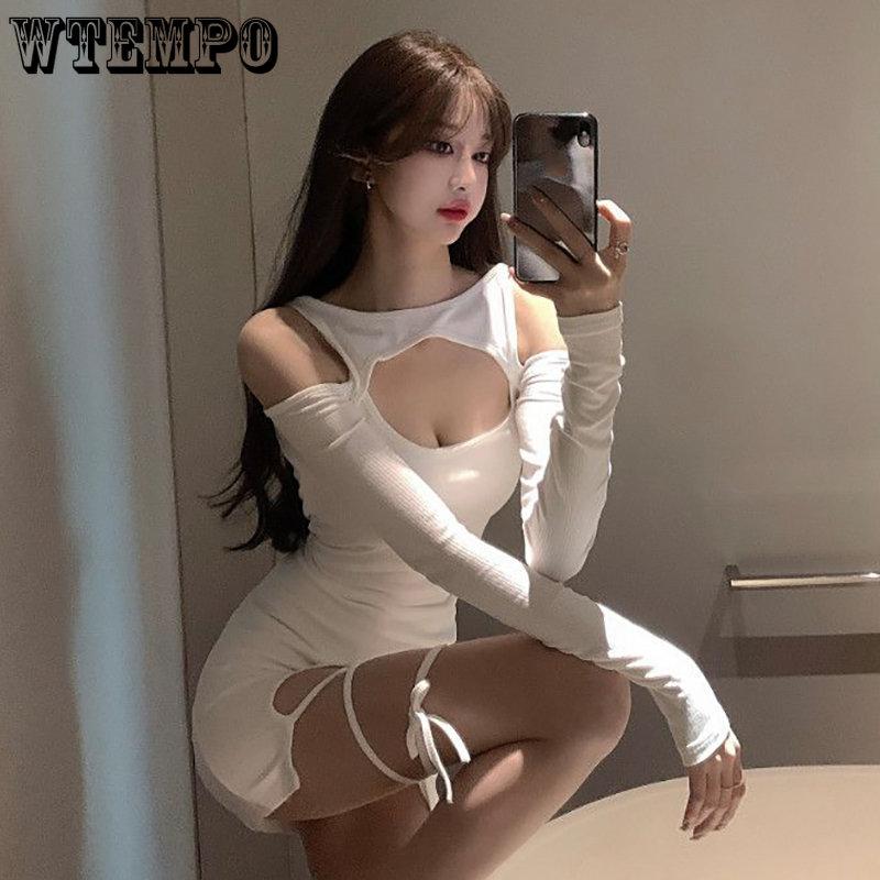 WTEMPO Женское платье Ulzzang с длинными рукавами и вырезом по бокам, тонкое ретро платье выше колена с открытыми плечами и высокой талией