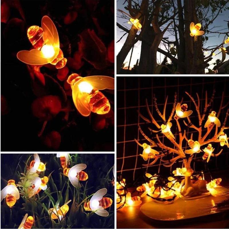 20/50/100 LED Солнечные Милые Пчелки Сказочные Гирлянды Садовые Сказочные Огни 8 Режимов Наружное Освещение для Пасхи Рождества Свадебного Декора