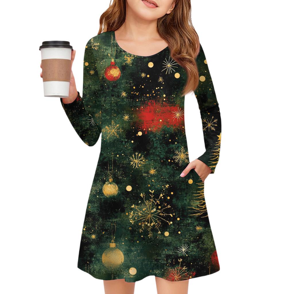 Christmas Day Girls' Long Sleeve Dress - Color Pocket Dress