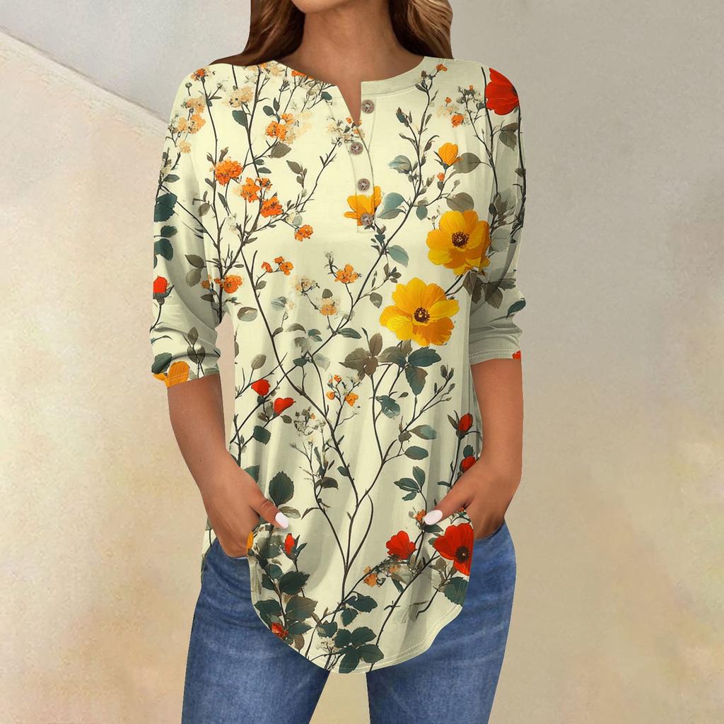 3/4 Length Sleeve Womens Tops Summer T-Shirts Floral Print V Neck Casual Basic Tee Button Shirts Tunic Tops