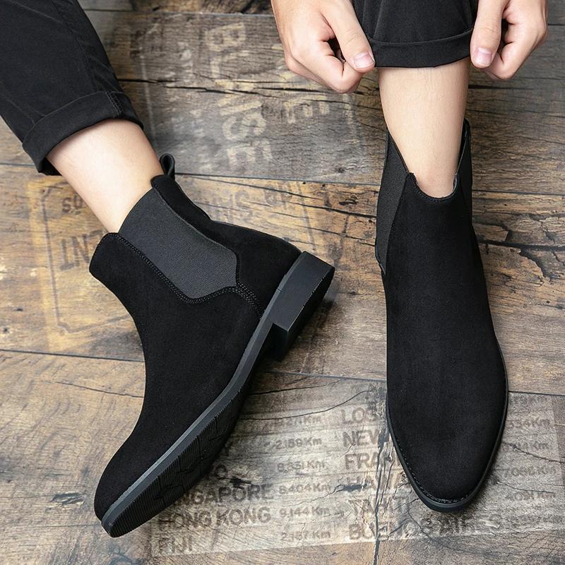 Ботинки челси мужские черные флокированные деловые с круглым носком мужские ботинки без застежек размер 38-48 мужская обувь