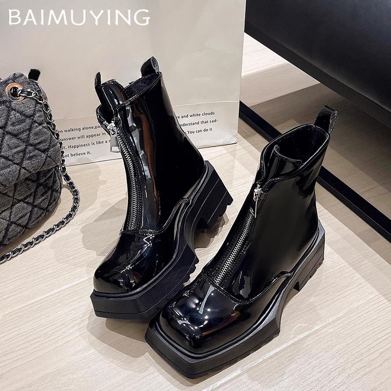 Женские ботильоны на платформе из кожи с квадратным носком и средним каблуком, модная обувь 2025 года, массивные туфли-лодочки на молнии, зимние мотоциклетные ботинки-ботинки женские