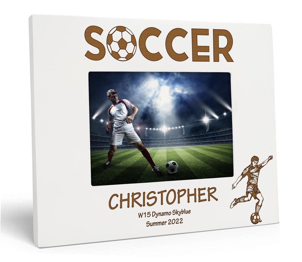 Darling Souvenir MADE WITH LOVE Personalized Wood Engraved Picture Frame, Table Top White Photo Frame (Soccer)