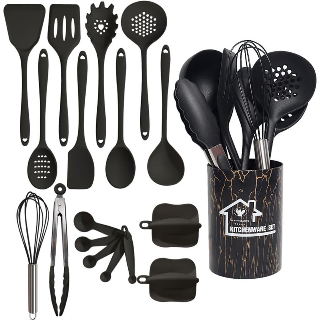 18pcs Silicone Kitchen Utensils Set with Holder Measuring Spoons Oven Mitts Nonstick Cooking Utensils Kitchen Gadgets