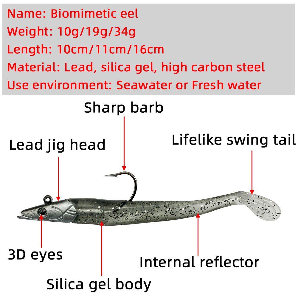Durable 10g 19g 34g Luminous Worm Barbed Hook Fish Eel Lure Lead Jig Head Artificial Soft Bait