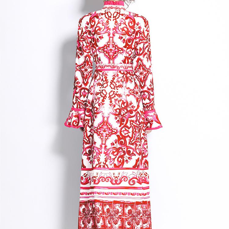 Весна-Осень, взлетно-посадочная полоса, желтый, красный, синий и белый фарфоровый халат с принтом, женские вечерние платья макси с рюшами и длинными расклешенными рукавами на шнуровке с поясом