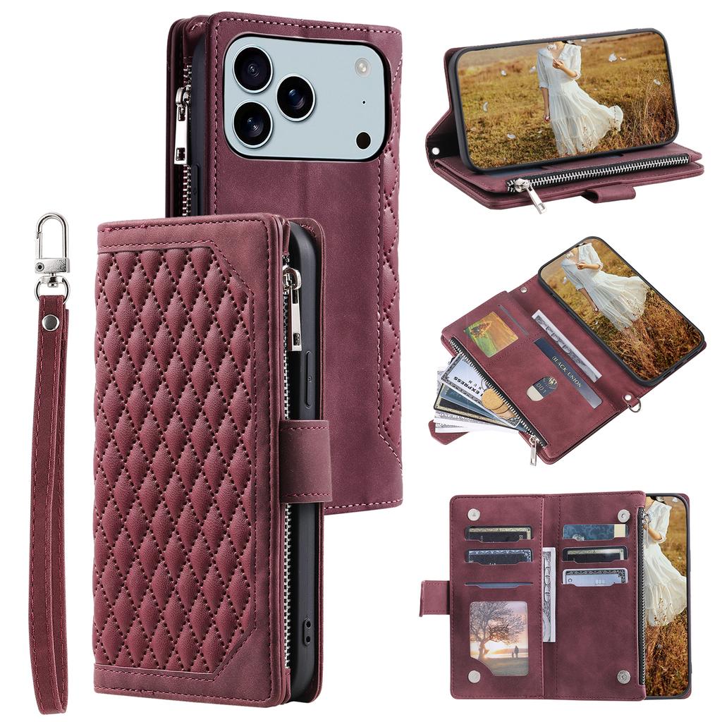 Чехол-кошелек для iPhone 17 Pro Max, ромбовидная строчка, чехол для телефона из ПУ кожи с ремешком на запястье