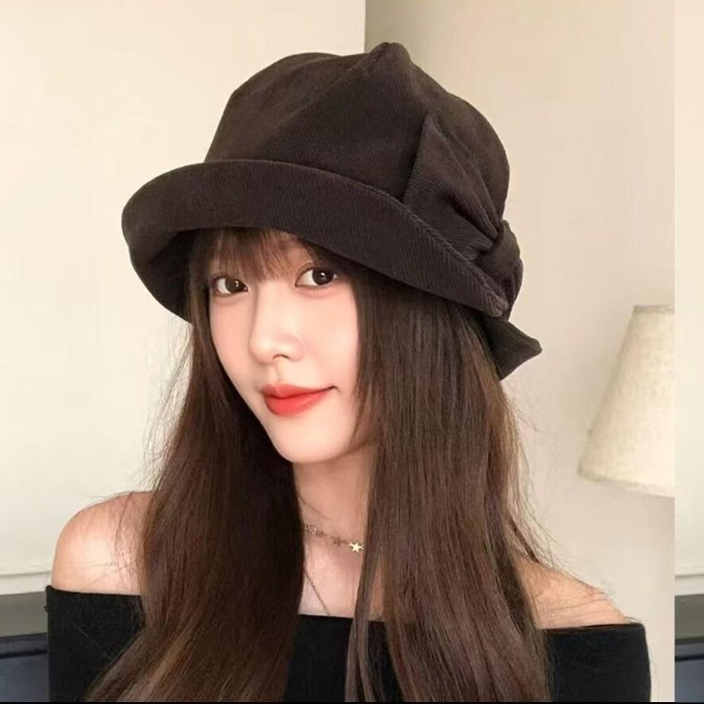 Bowknot Fisherman Cap Warm Basin Cap Vintage Corduroy Bucket Hat Daily Commuting