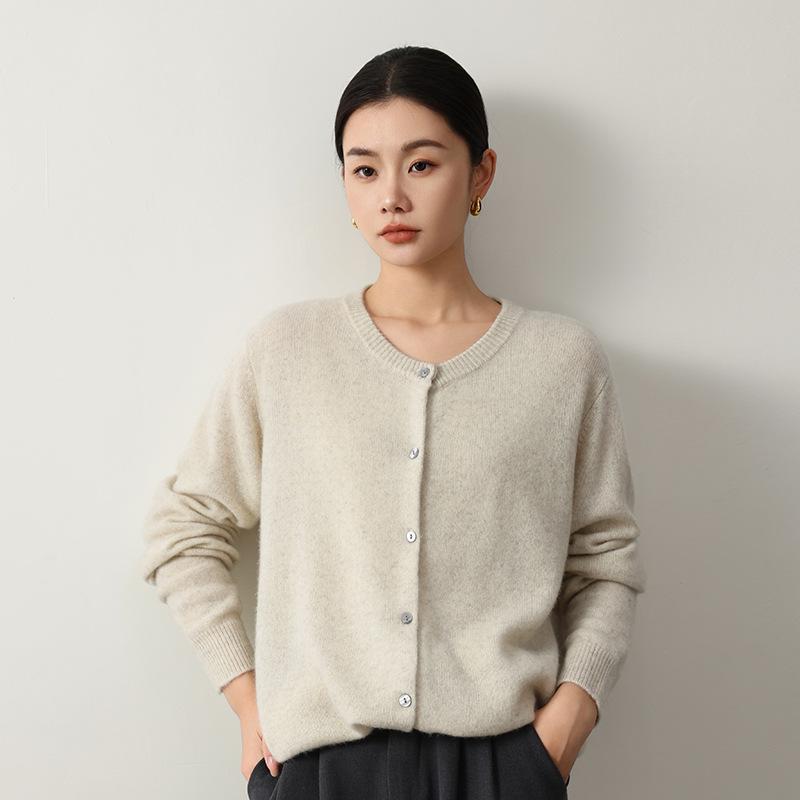 Yak Wool Women's Round Neck Cardigan - 2026 Autumn/Winter Solid Color Single-Breasted Sweater, Elegant Style