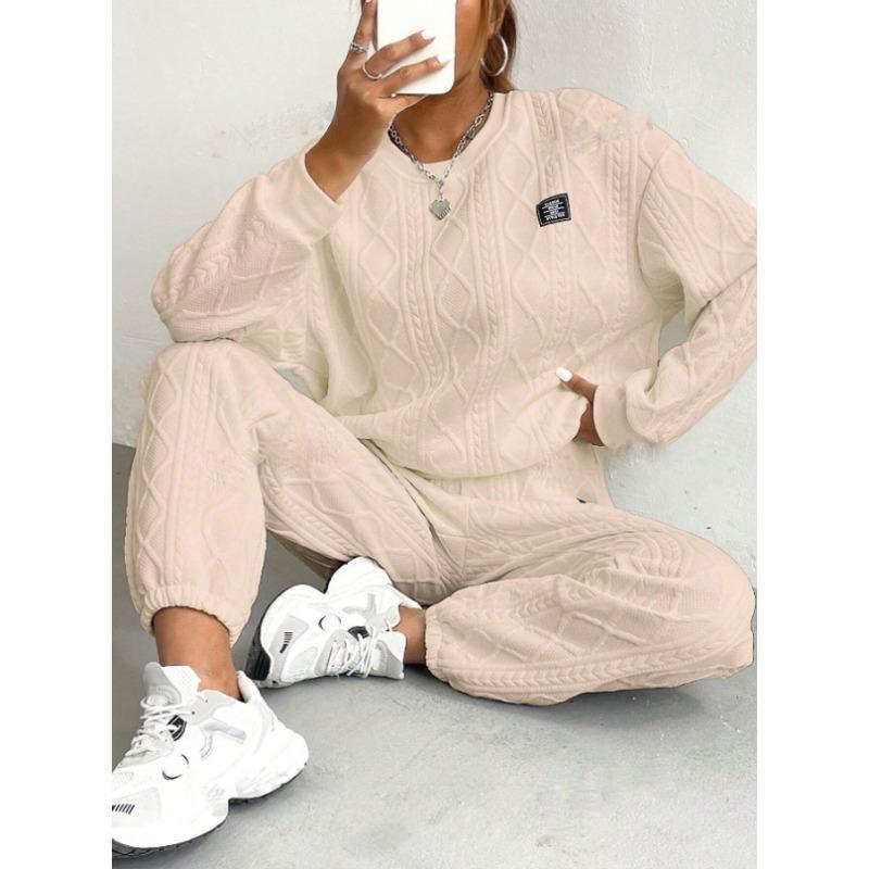 JKASHDK Женская мода повседневная весна осень однотонный принт длинный рукав О-образный вырез брюки брюки костюмы