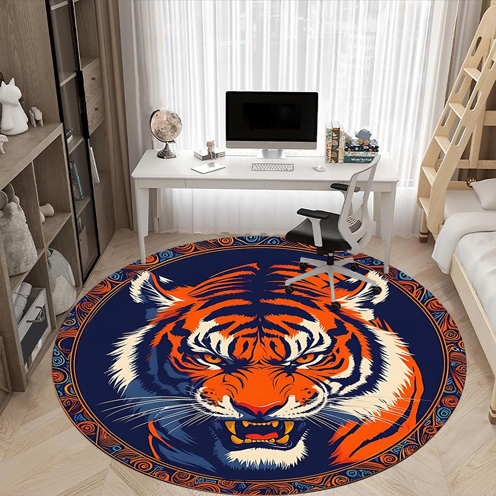 1pc Tiger Face Chair Carpet for Office, Round Polyester Mat, Indoor Decor for Office, Easycare Fabric, Washable Non-slip Area Carpet