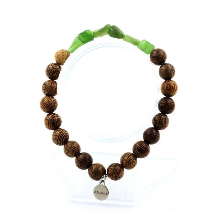 Stones and Minerals. Siberian Nephrite Jade Bracelet (Russia) + 8 Mm Wooden Beads. Made In France.