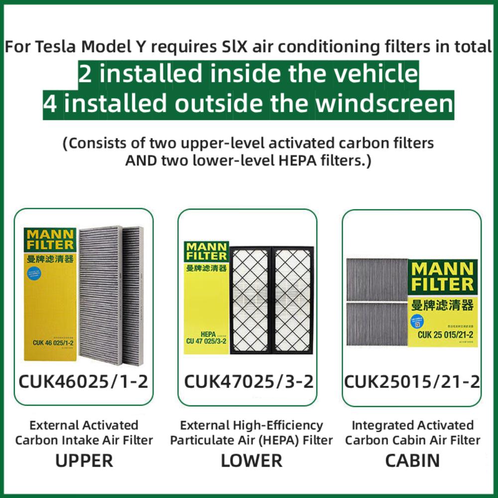 MANN FILTER For Tesla Model Y Model 3 EV HEPA Carbon Cabin Filter Kit 6PCS FP25015 CUK25015 CUK46025 CU47025 Build-in Air Filter