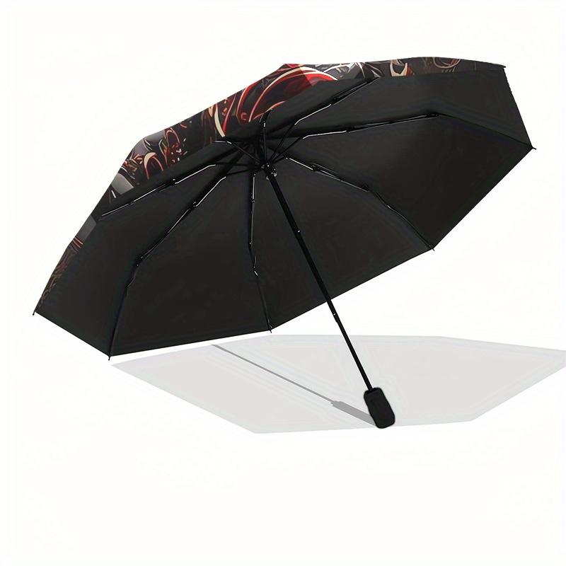 Black Rose Automatic Folding Umbrella 8 Ribs, Durable Iron Frame, Bright Color Pattern Compact Travel Umbrella, Suitable for Outdoor, Beach