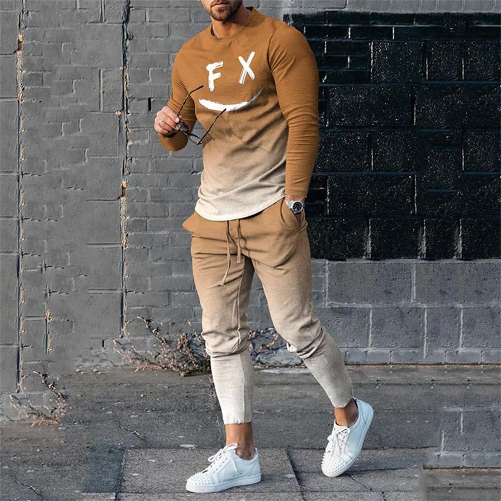 Мужская одежда Футболка с длинным рукавом и штаны Комплекты Толстовка с круглым вырезом Костюмы Повседневные спортивные костюмы Футболки больших размеров Спортивные штаны Наряды