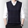 Sweater Vest Knitted Loose Pullover V Neck Plaid Print Elastic Soft Warm Mid-aged Father Grandfather