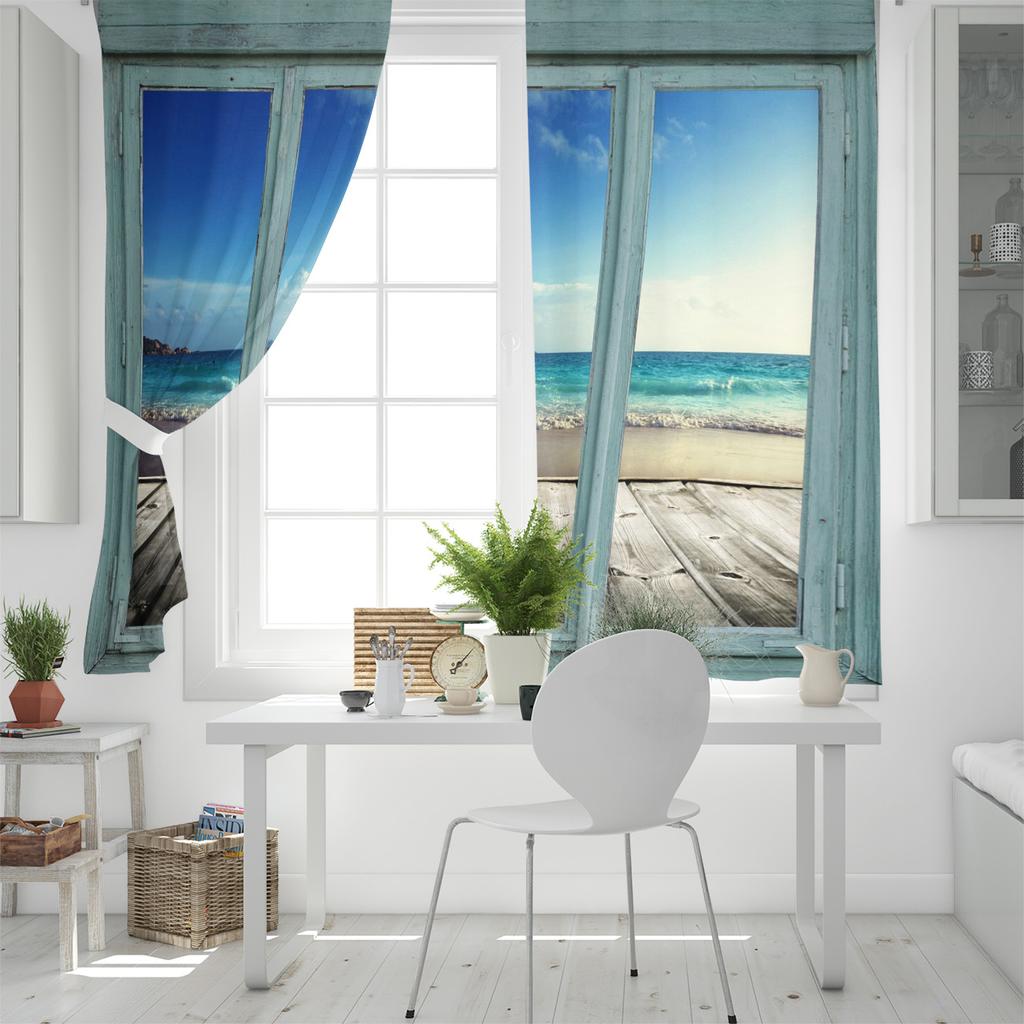 Windows Sea Beach Blue Sky White Clouds Luxury Home Curtains Modern Home Supplies Living Room Bedroom Custom Curtains