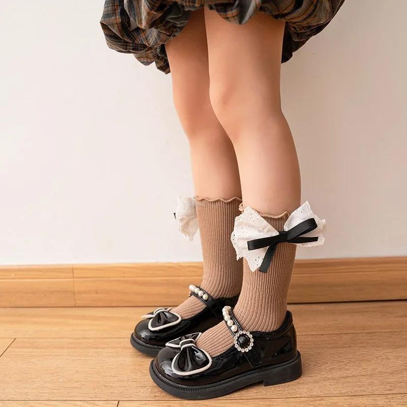 Girl Spring Autumn New Lace Bow Socks Korean Academy Style Student Children Mid Length Socken Baby Princess Kid Cotton Stockings