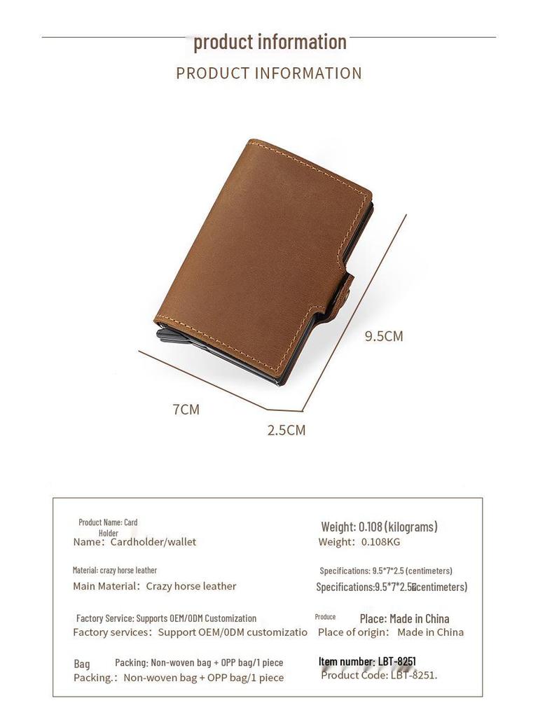 Винтажный 2025 Мужской Двухслойный Картхолдер из Кожи Crazy Horse с Выдвижным Механизмом на Кнопке и Алюминиевой Клипсой