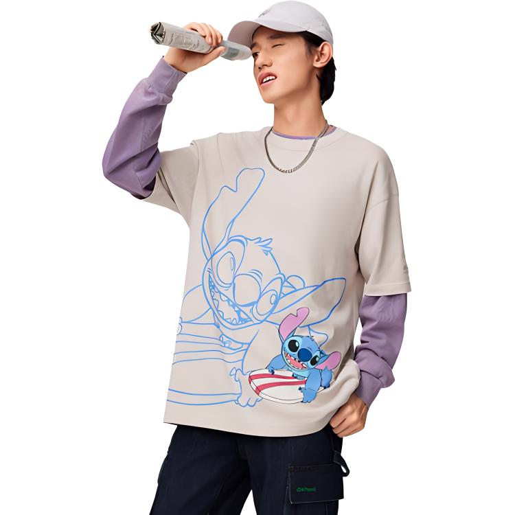 Li Ning X Disney Collaboration Stitch Series Printed Round Neck Pullover Casual Sports Short Sleeve T Shirt Men T Shirt Mica-Gray ATSU157-5