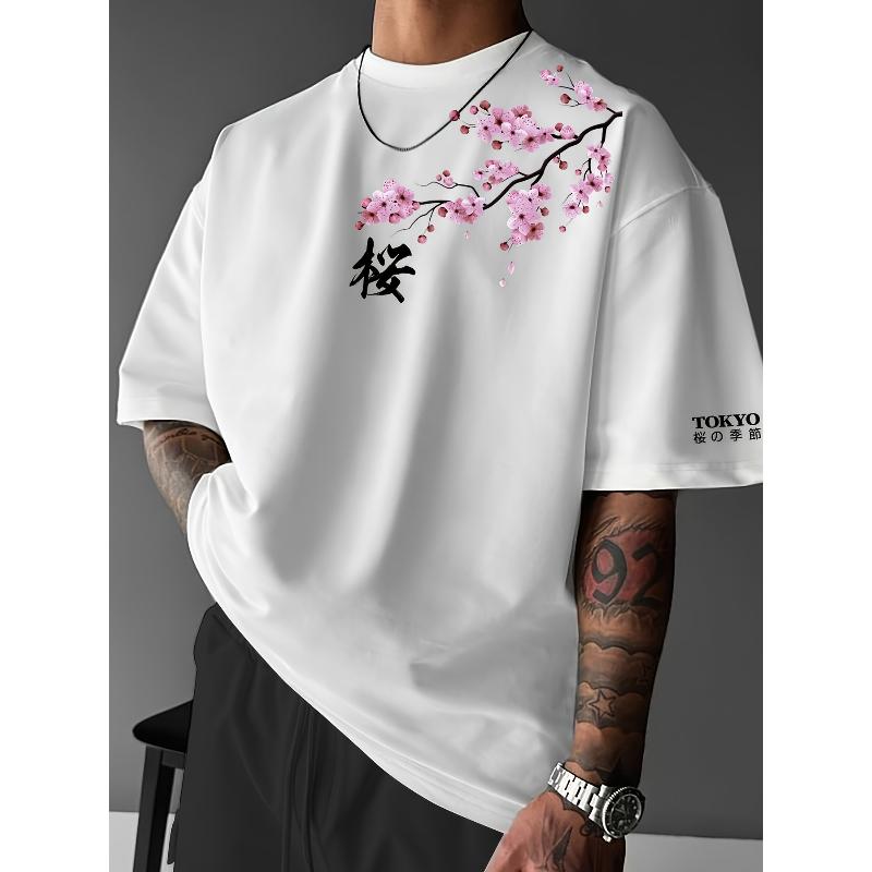 2026 Hot Sale Summer Men Women Cherry Blossom Pattern Japanese Style Loose-Tee Shirt Suitable for Daily Wear Cotton Material Trendy Short Sleeve Top
