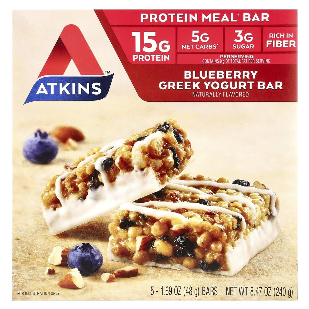 Atkins, Greek Yogurt Bars, Blueberry, 5 Bars, 1.69 oz (48 g) per bar