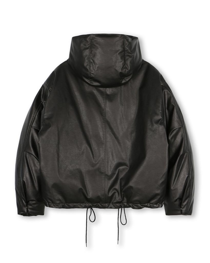 Beslow Oversized M65 Hood Short Down Parka Vegan Leather Black