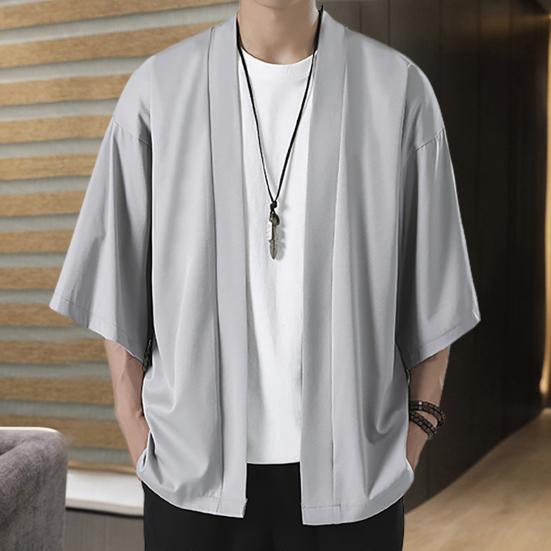 Мужская рубашка-кимоно в японском стиле, однотонный костюм самурая, азиатская одежда, три четверти, кардиган, мужская рубашка-куртка