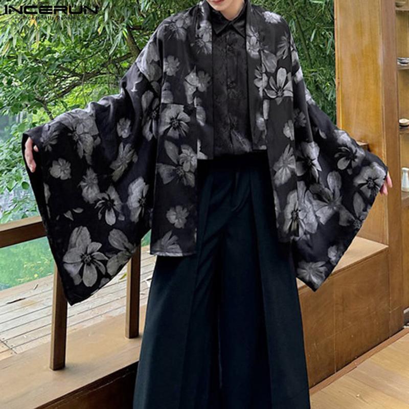 INCERUN Мужской кардиган с крыльями летучей мыши, длинный рукав, цветочный принт, свободное кимоно, открытый передний топ