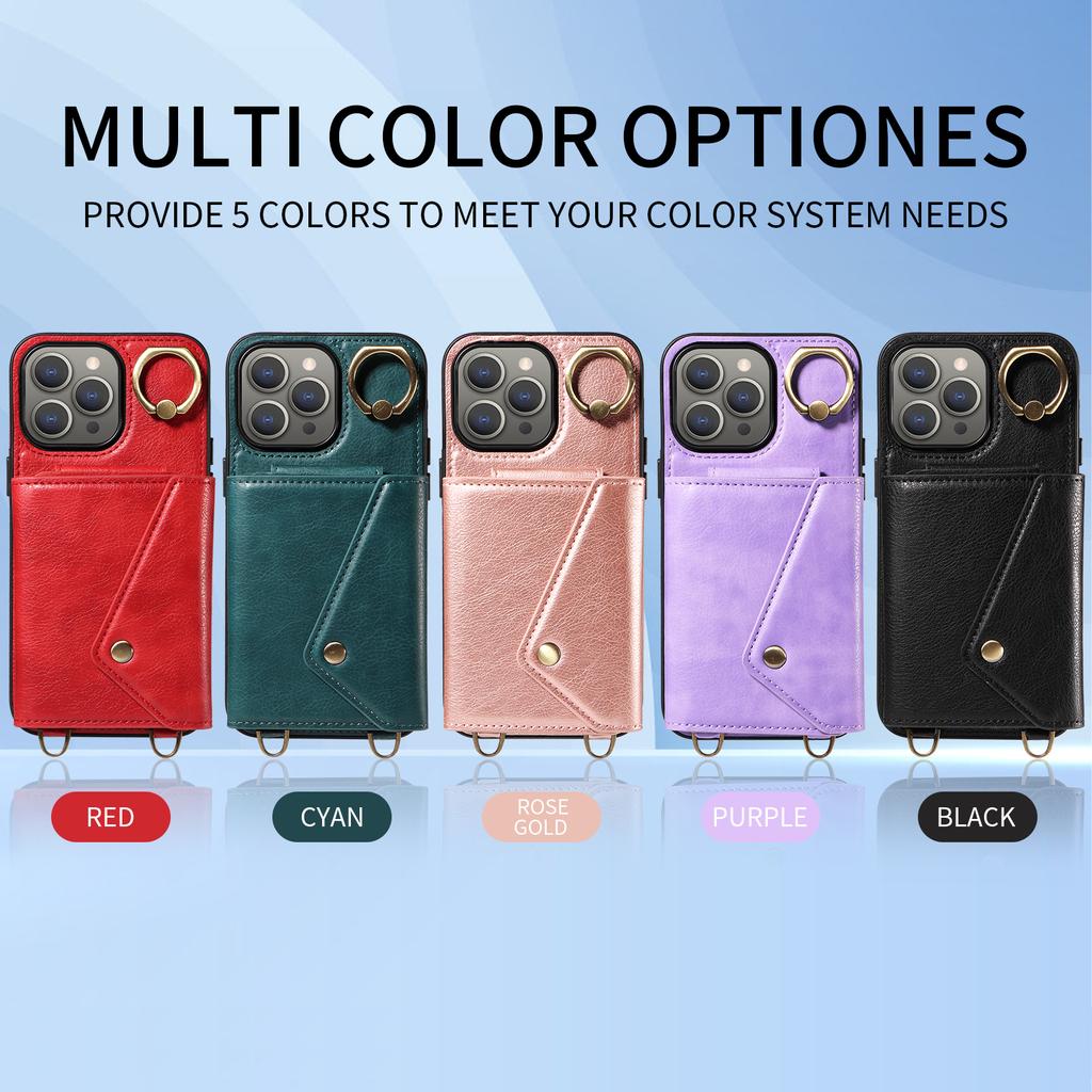 Для iPhone 15 серии. Для iPhone 15, 15 Plus, 15 Pro, 15 Pro Max плечевой ремень веревка кольцо кронштейн дизайн держатель для карт слоты личи узор чехол для телефона